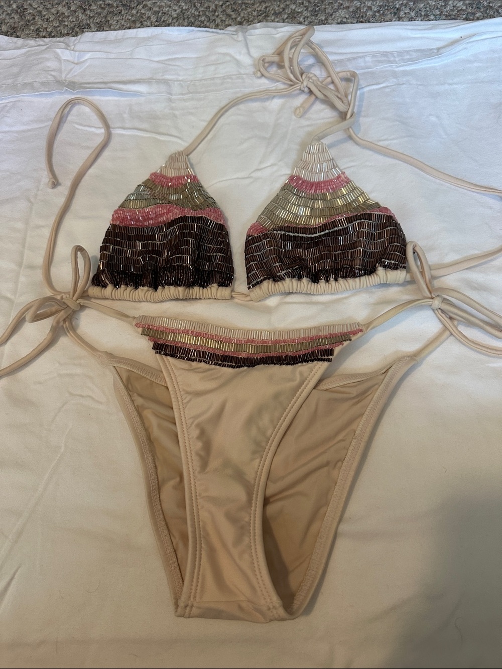 Vix Beige Bikini with Multicolor Bead Embellishment